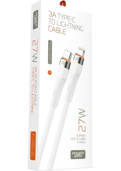 Powerway 27W Süper Hızlı Şarj Destekli Iphone Type-C - Lightning 3 A Dayanıklı Şarj Kablosu SCL27