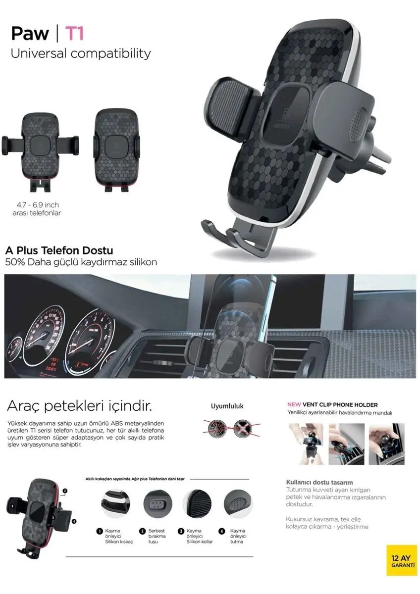 IBERRY PAW T1 Panel Kıskaçlı Kavrayıcılı Araç İçi Telefon Tutucu