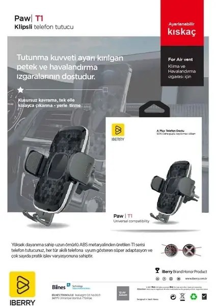 IBERRY PAW T1 Panel Kıskaçlı Kavrayıcılı Araç İçi Telefon Tutucu