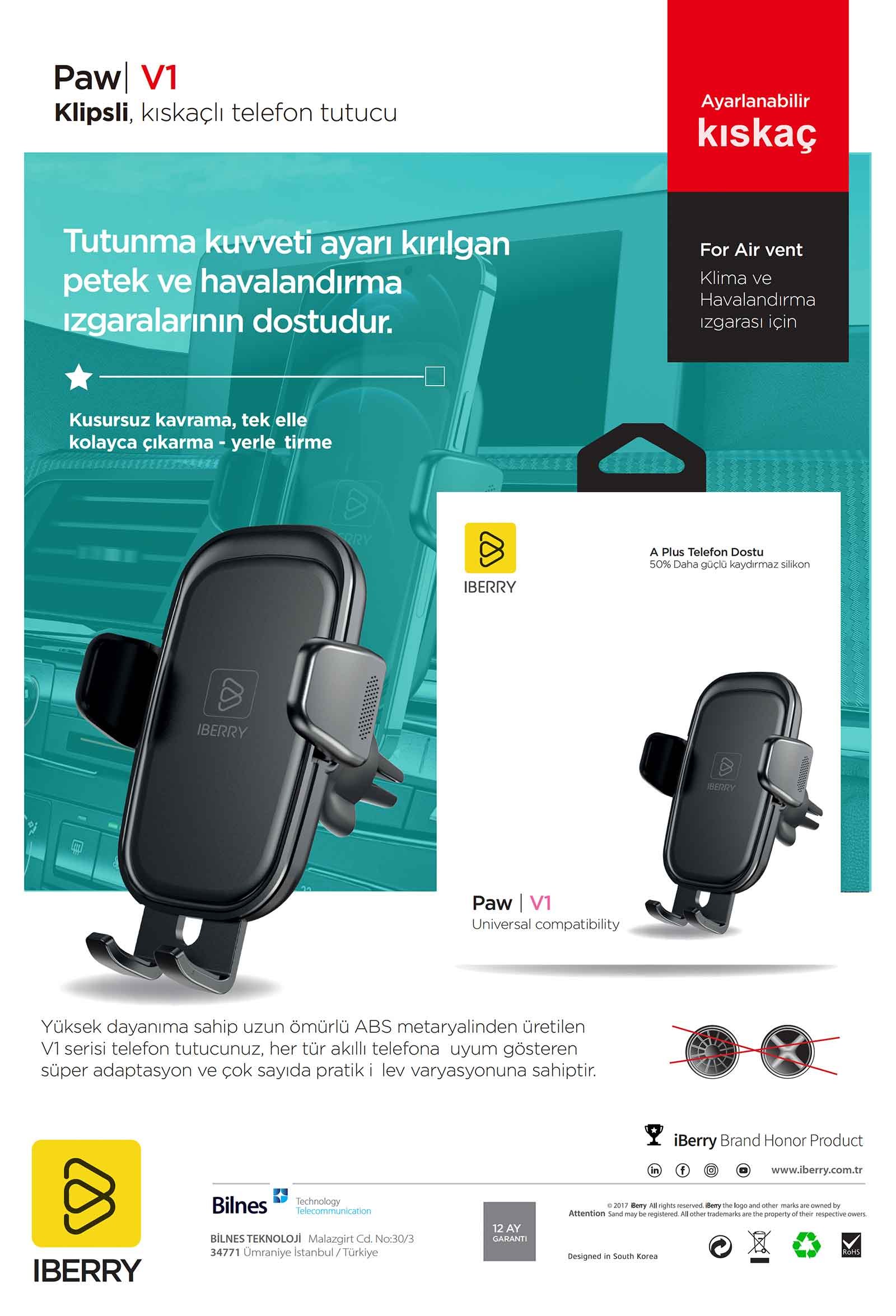 IBERRY PAW V1 KLİPSLİ SÜPER ADAPTATİF ARAÇ İÇİ TELEFON TUTUCU