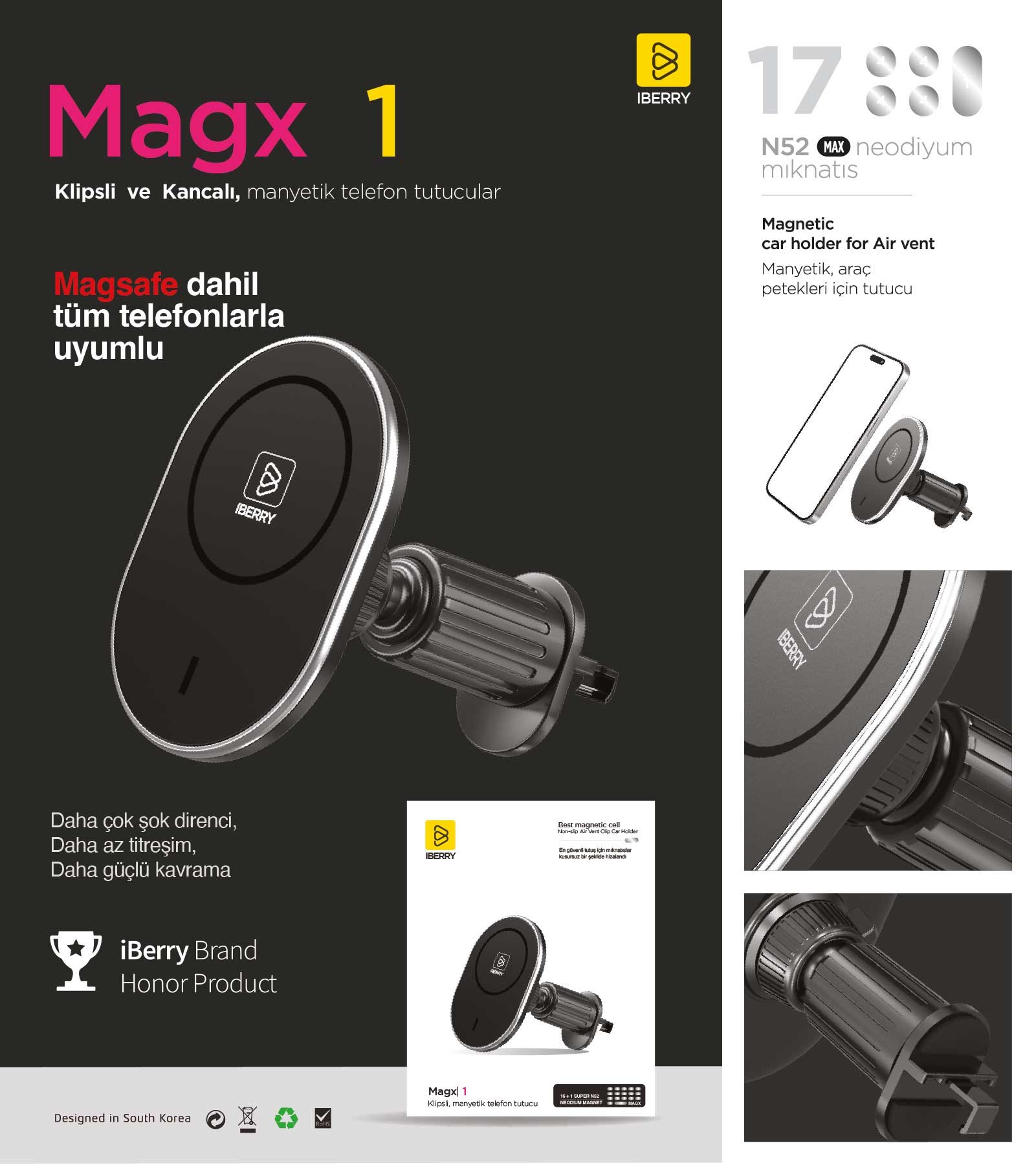 IBERRY MAGX1 MG01 KANCALI MANYETİK ARAÇ İÇİ TELEFON TUTUCU