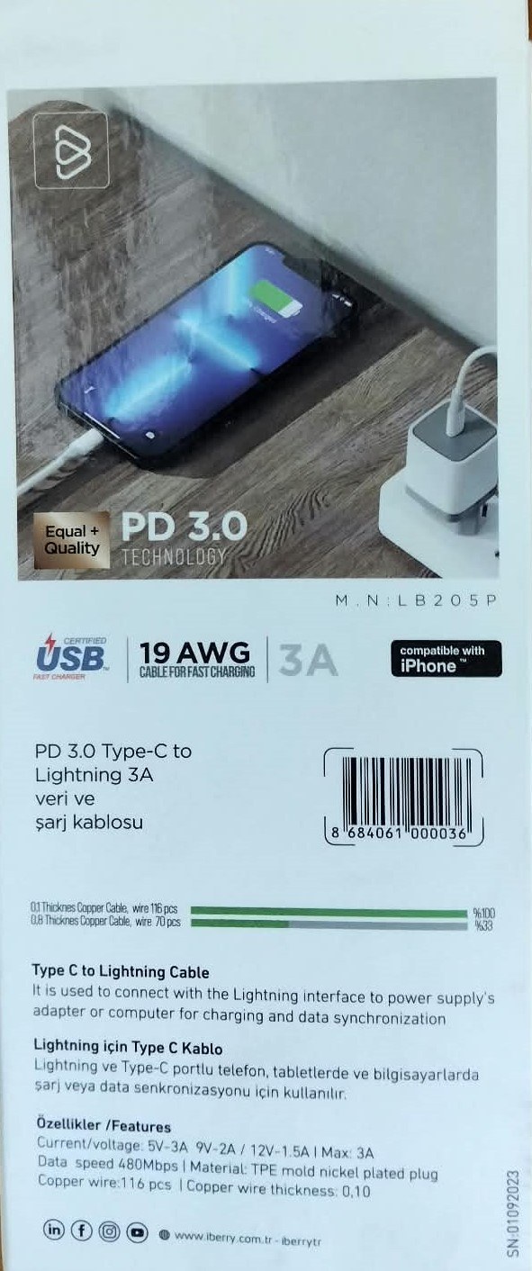 İBERRY LB205P USB C TO LIGHTNING BUZZ KABLO