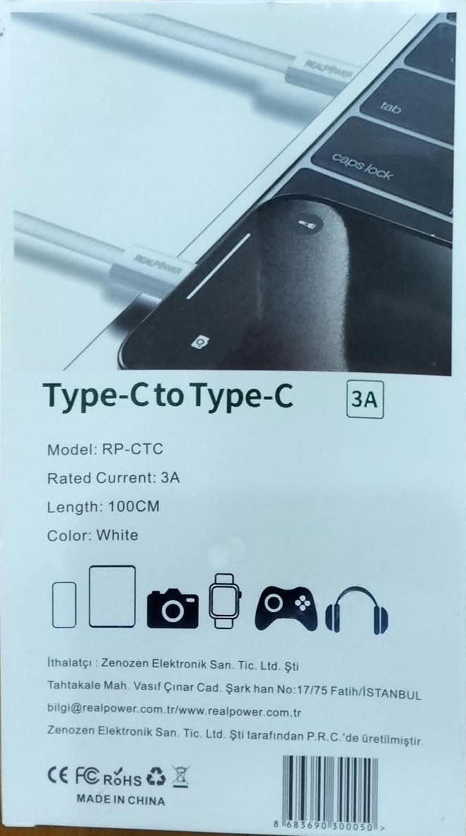 Realpower USB-C to USB-C Hızlı Şarj ve Data Kablosu 1 Metre Beyaz RP-CTC