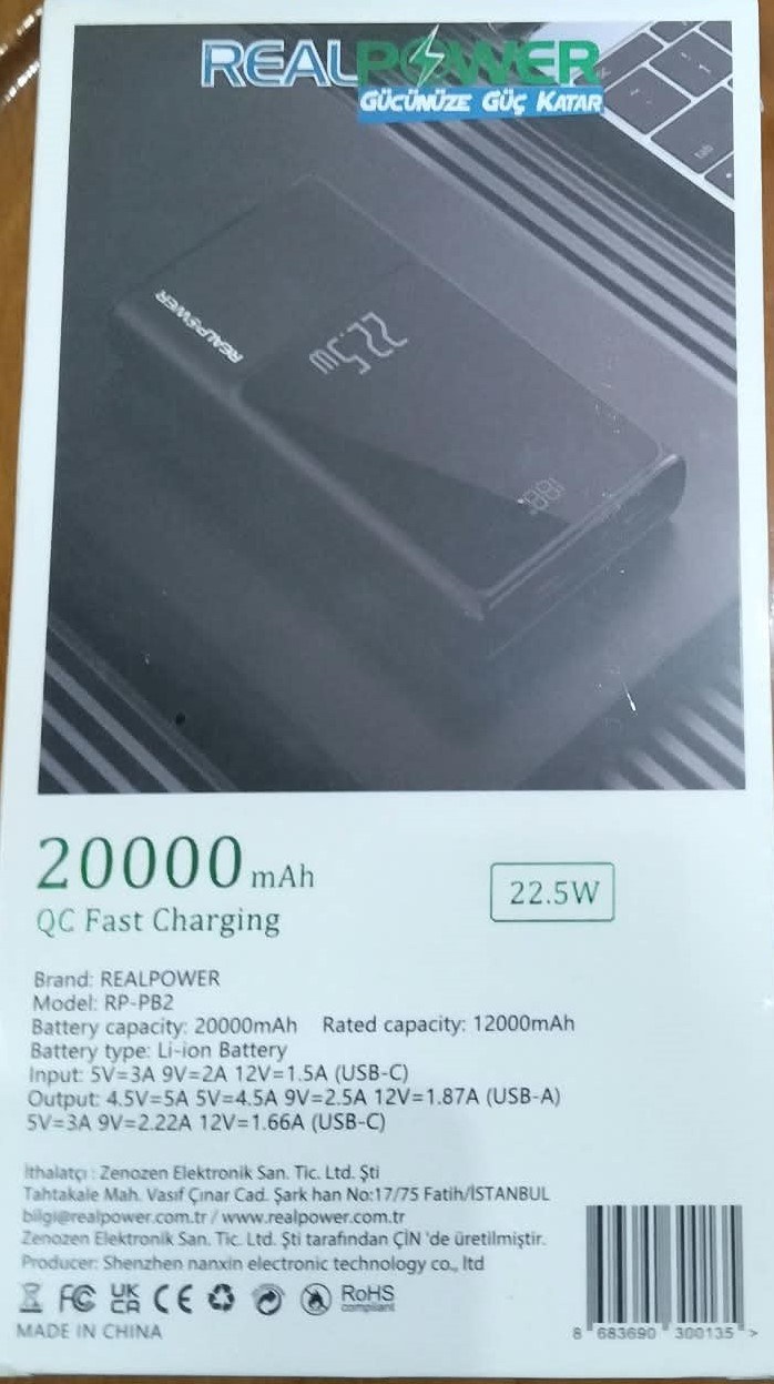 Realpower 20000Mah 22.5W Taşınabilir Beyaz Powerbank Rp-Pb2