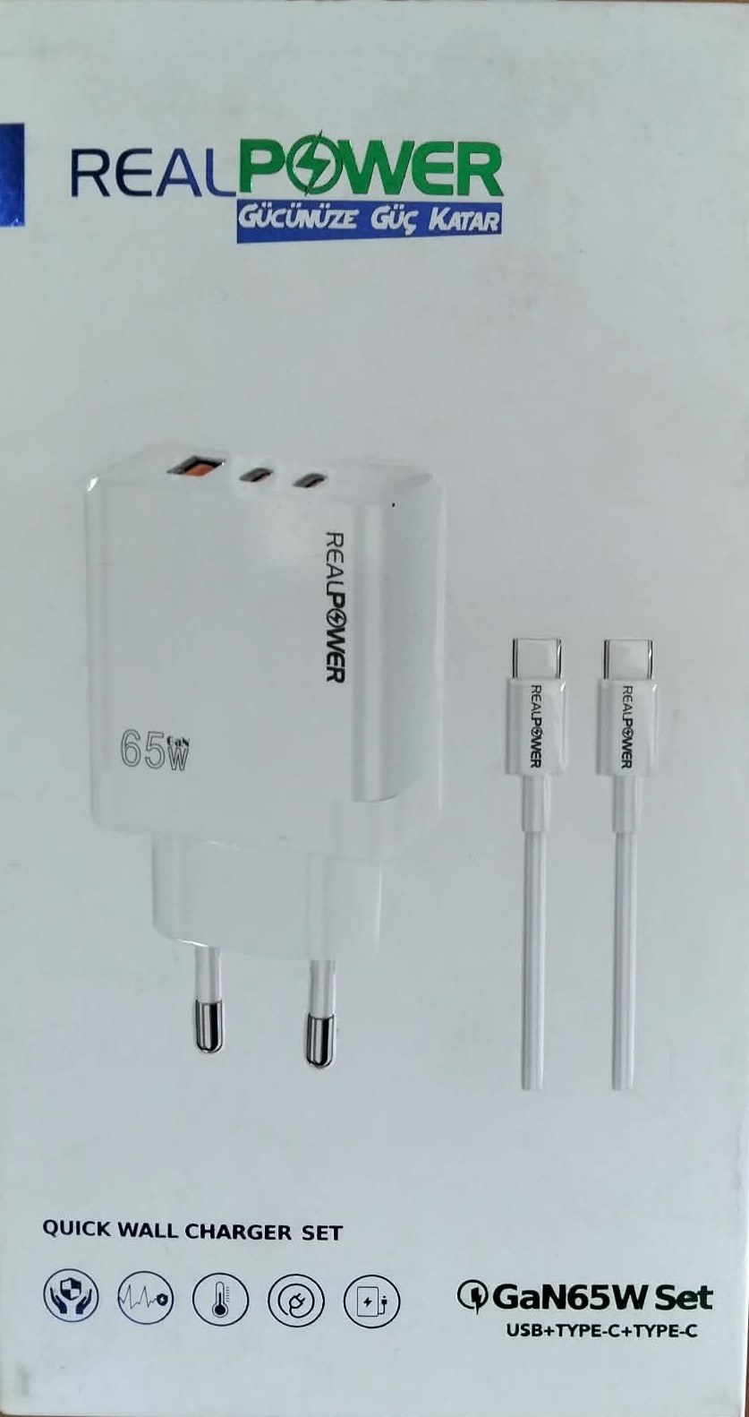 Realpower 65W Gan65w set Seyahat Hızlı Şarj Aleti + Type-C Den Type-C Kablo Rp-Cg65w