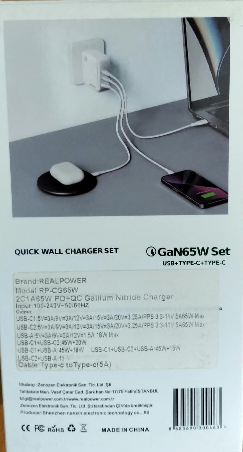Realpower 65W Gan65w set Seyahat Hızlı Şarj Aleti + Type-C Den Type-C Kablo Rp-Cg65w