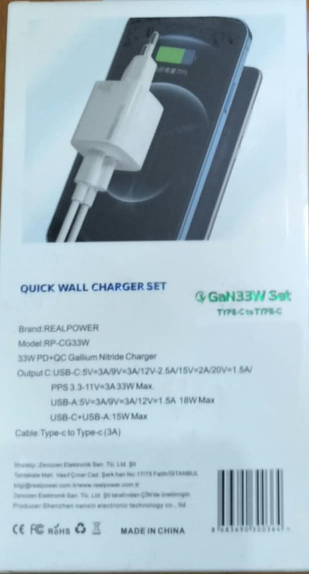 Realpower 33W Gan33w set Seyahat Hızlı Şarj Aleti + Type-C Den Type-C Kablo Rp-Cg33w