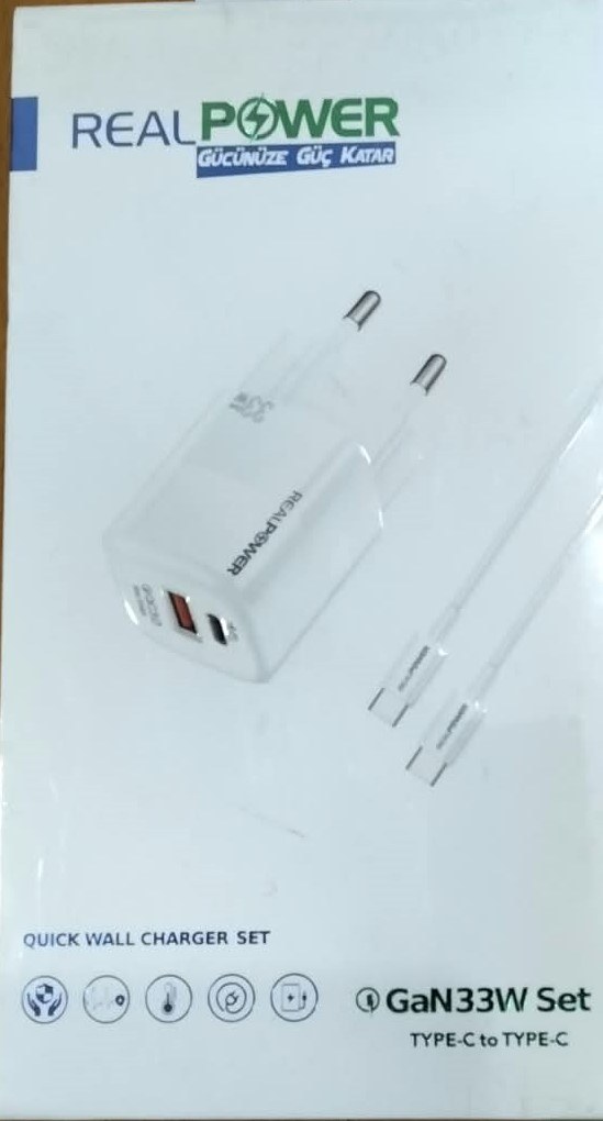 Realpower 33W Gan33w set Seyahat Hızlı Şarj Aleti + Type-C Den Type-C Kablo Rp-Cg33w