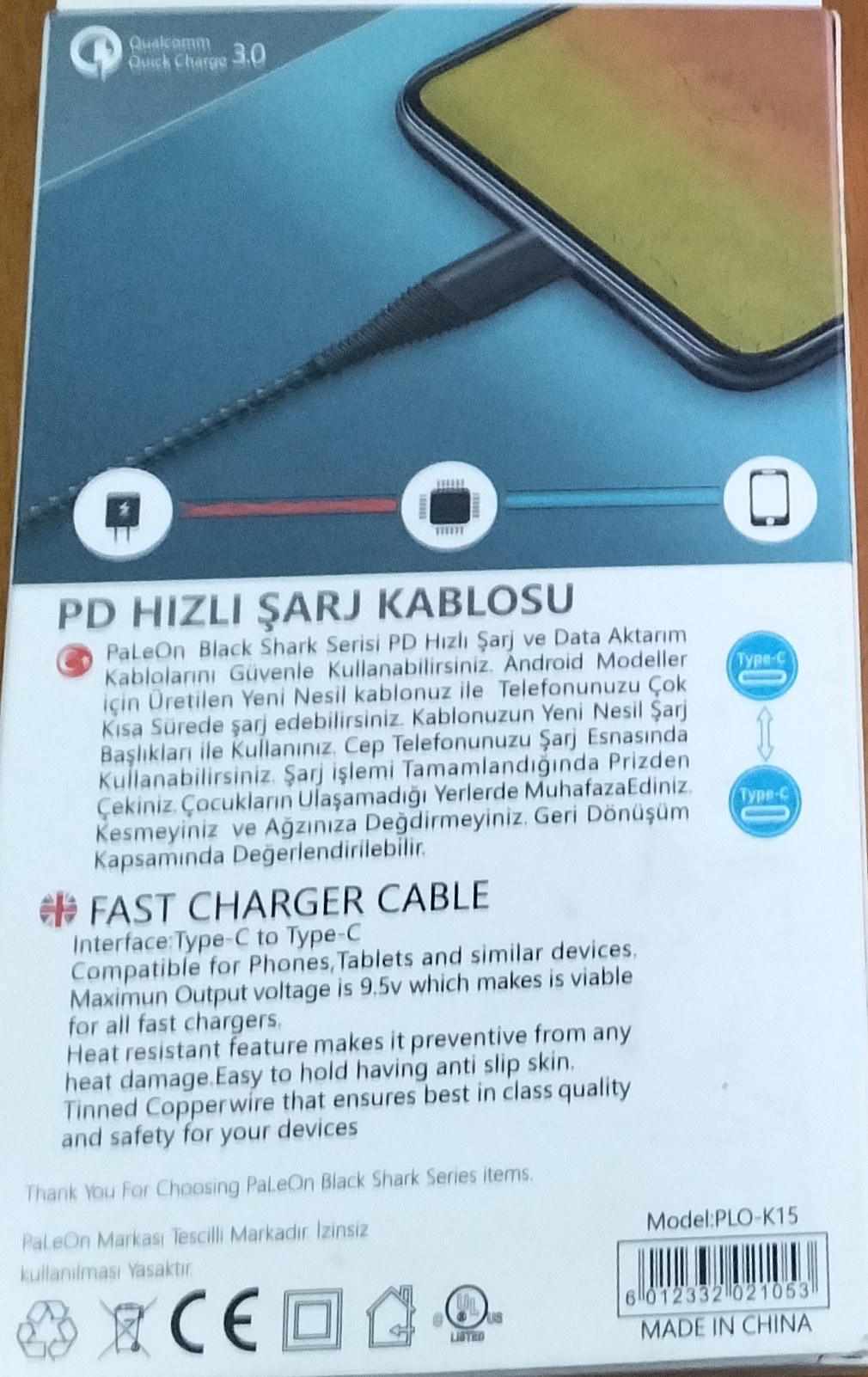 Paleon Plo-K15 USB-C to USB-C hızlı şarj