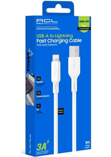 Acl ACK-117 3A Hızlı Şarj Kablosu Usb-A To Lightning 1 Metre Şarj Kablosu