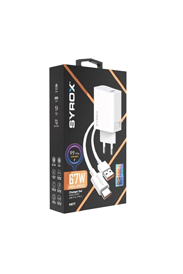 Syrox M67T 3.0A 67W Turbo 1mt USB-A - Type-C Kablolu 1xUSB-A Çıkışlı Şarj Cihazı