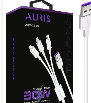 Auris CB55 30W 3in1 Çoklu Şarj Kablosu (Lightning + Type-C + Micro)